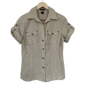 Tan 100% Linen Safari Shirt Button Up Short Sleeve Blouse Coastal Neutral Size S